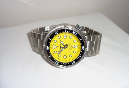 Heimdallr Sharkey Sea Shepherd Colourful Tuna Can Diver's Watch With Yellow Face And Stainless Steel Band