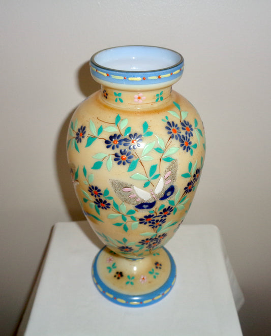 Antique Opaque Glass Floral Vase With Butterflies. Beige and Blue