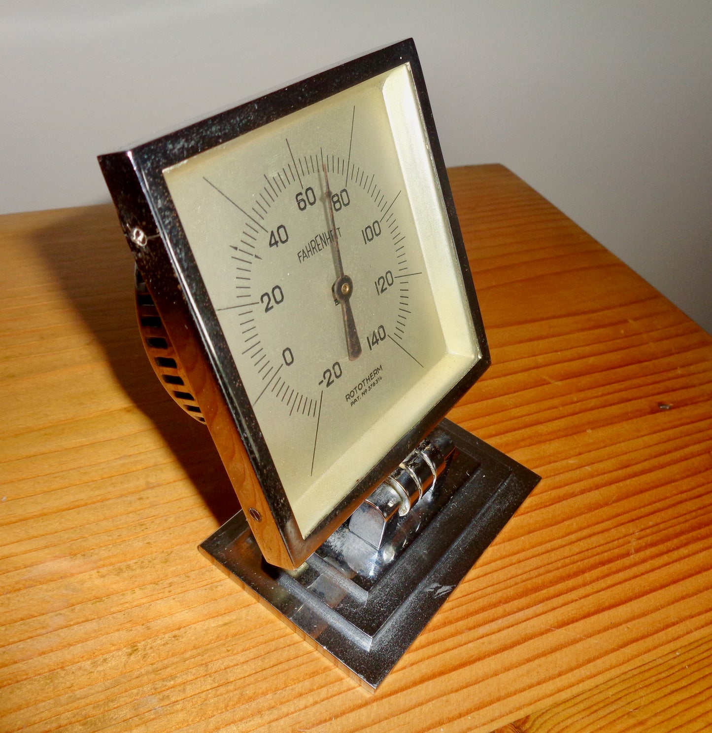 Vintage Polished Chromed Brass Square Rototherm Desk Thermometer