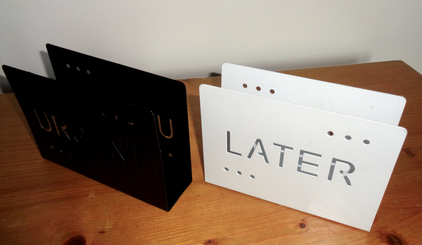 Pair Of Vintage Shudehill Metal Letter Racks. White Marked LATER. Black Marked URGENT