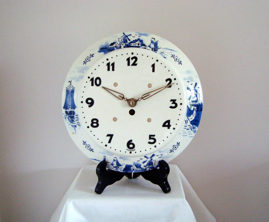 Vintage 1950s Blue and White Delft style Pottery Wall Clock