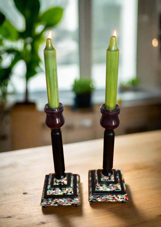 Pair Of Art Deco Mixed Bakelite And Catalin Candle Sticks With Original Green Candles