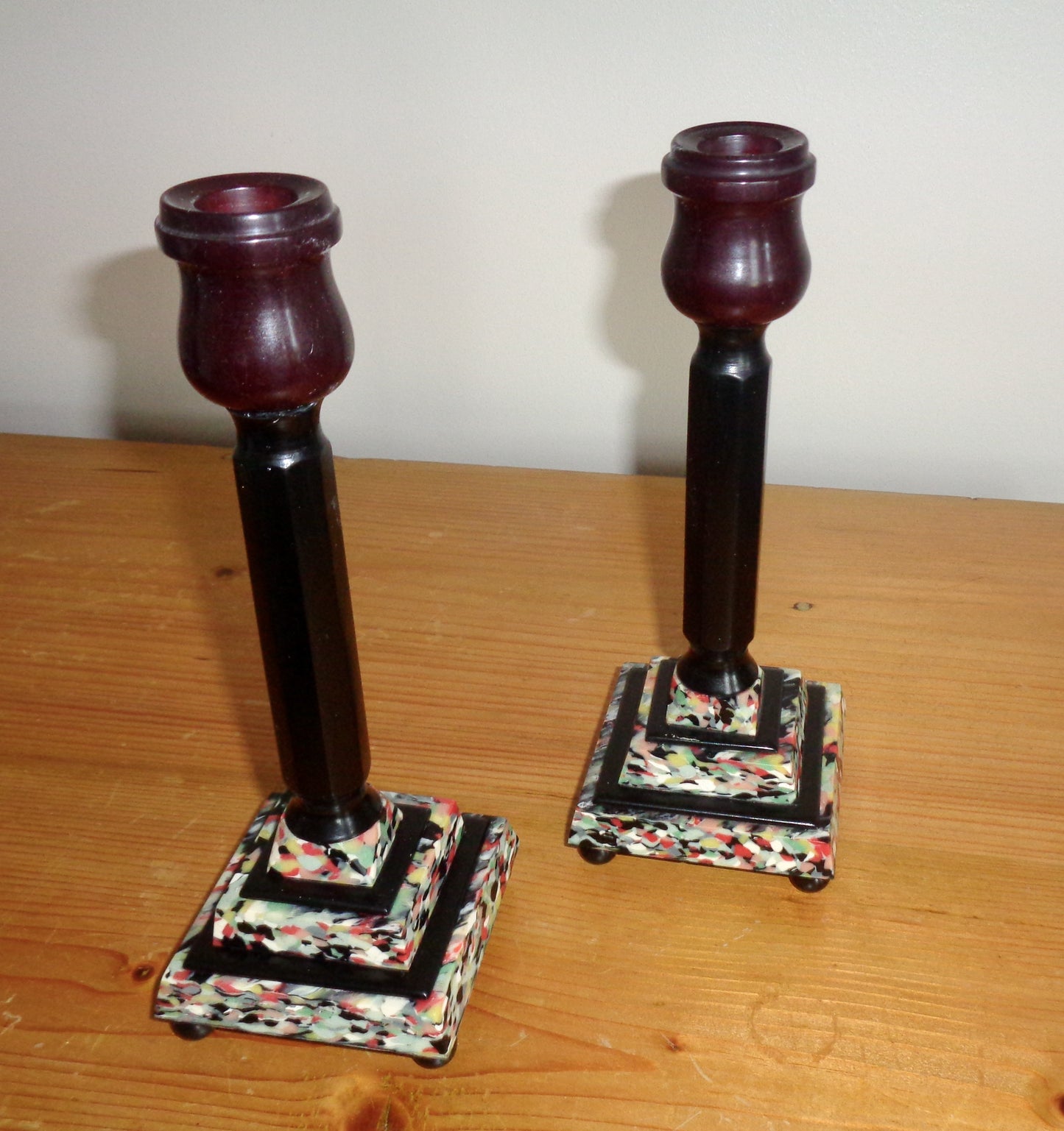 Pair Of Art Deco Mixed Bakelite And Catalin Candle Sticks With Original Green Candles