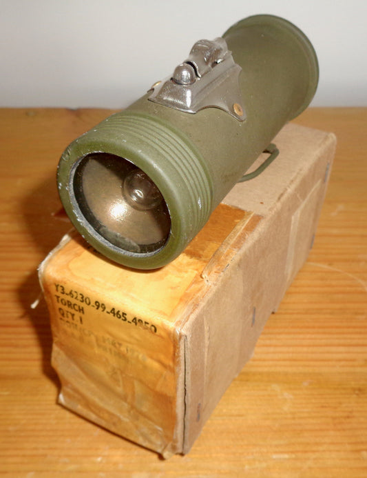 Vintage Military Hand Torch With Khaki Green Coated Surface Y3/WB/3841. New Old Stock