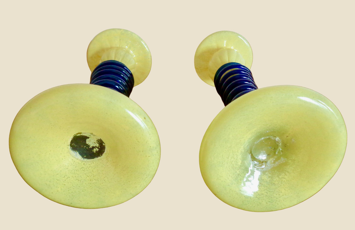 Pair Of Yellow Art Glass Candlesticks With Blue Spiral Glass And Flower Accents