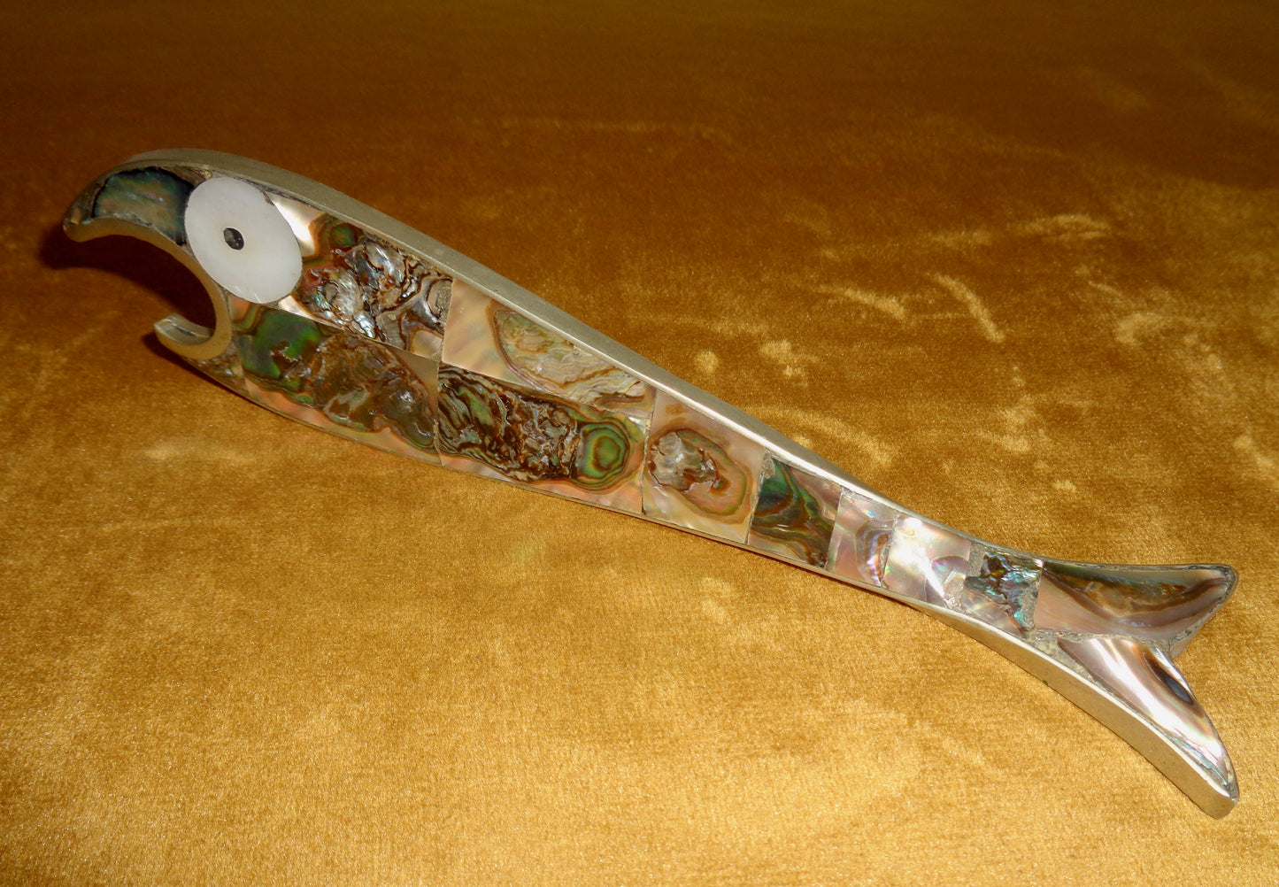 Vintage Abalone and Silver Freestanding Fish Shaped Bottle Opener