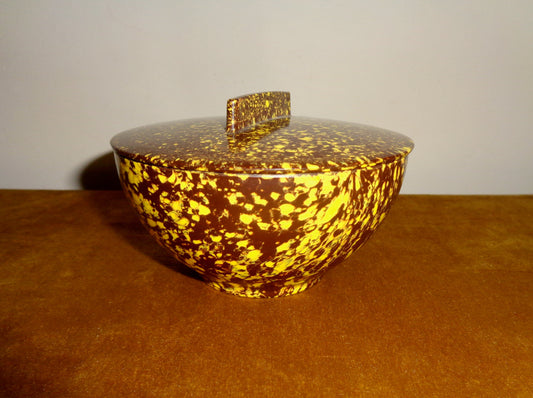 Vintage Bakelite Lidded Pot In Mottled Brown And Yellow Colours