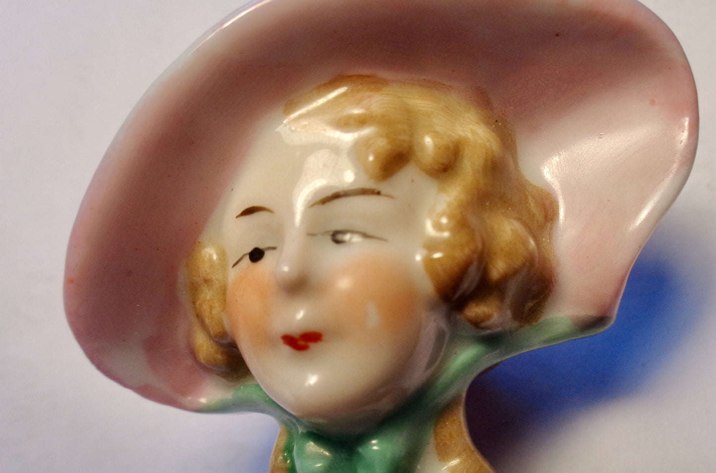 Vintage Half doll China Bisque Pin Cushion Lady (Lilac Pink dress/ Hat)