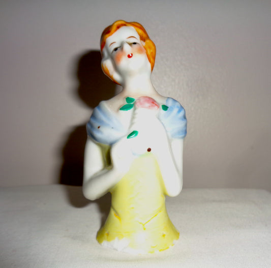 Vintage Japanese Half doll China Pin Cushion Lady (Yellow dress)