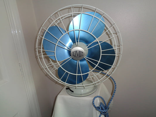 1950s 12 inch Vintage Limit Desk Fan With Blue Blades And Grey Body