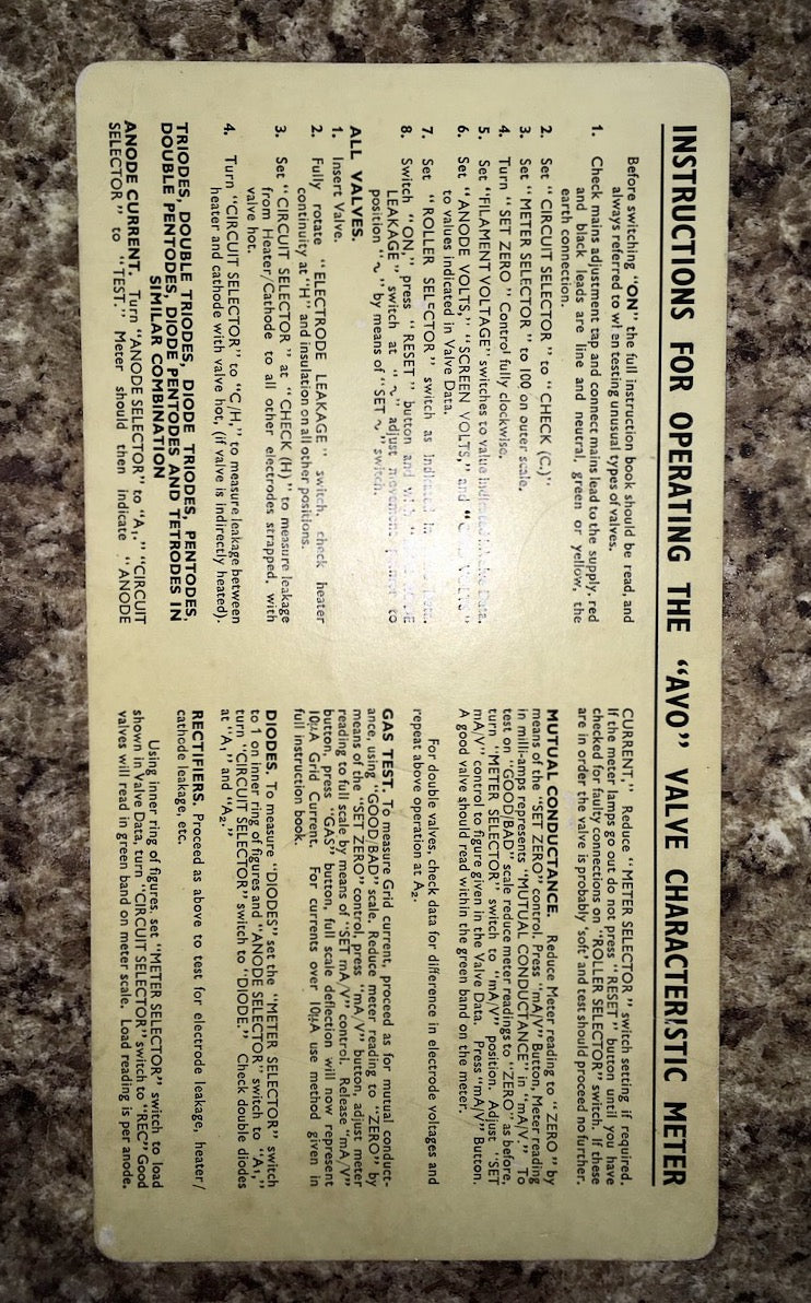 Original Card Instructions For Operating An AVO Valve Characteristic Meter