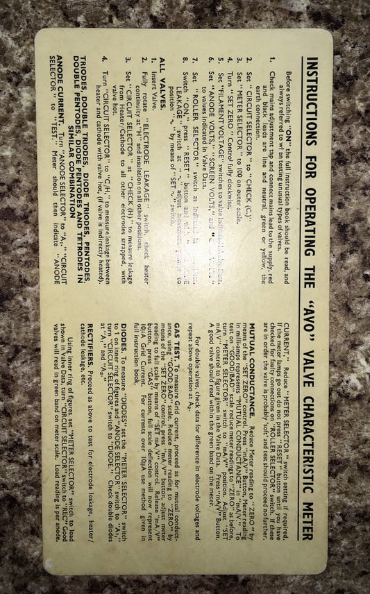 Original Card Instructions For Operating An AVO Valve Characteristic Meter