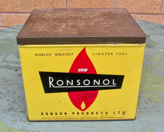 1950s Ronsonol Lighter Fluid Advertising Collector's Tin. Yellow/Red/White/Black In Colour