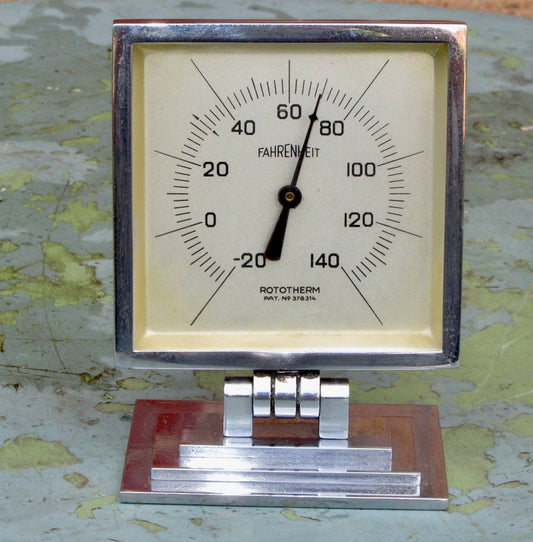 Vintage Polished Chromed Brass Square Rototherm Desk Thermometer