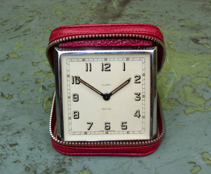 Vintage Smiths Travel Alarm Clock In A Zippered Red Leather Case