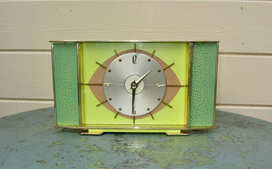 Vintage METAMEC Atomic Eye Shelf/Mantle Clock In Brass With Green Crackle Glaze Finish