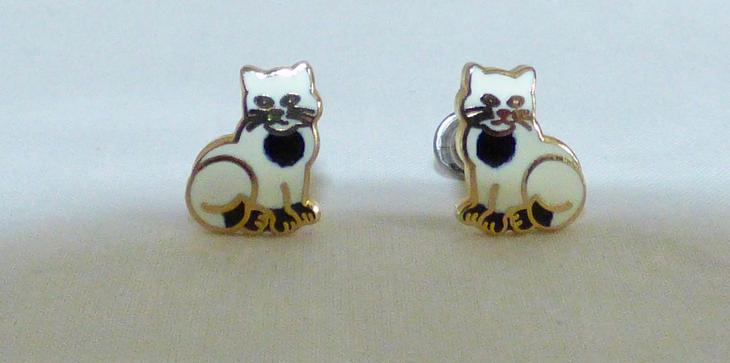 Vintage White Cat Stud Earrings In Gold Coloured Metal