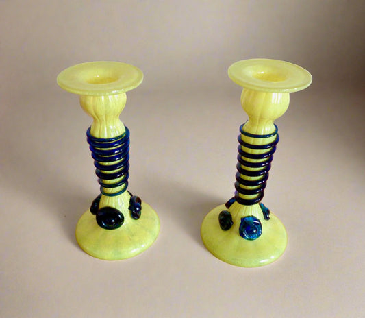 Pair Of Yellow Art Glass Candlesticks With Blue Spiral Glass And Flower Accents