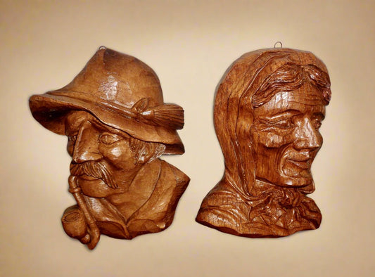 Pair of Vintage Black Forest Wood Face Wall Masks / Plaques