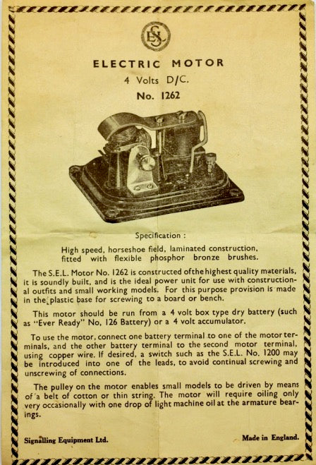 1940s SEL Three Pole Motor No.3 1262 4 Volts 1.5 amp