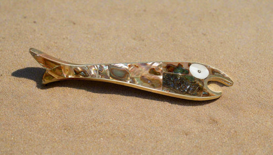 Vintage Abalone and Silver Freestanding Fish Shaped Bottle Opener