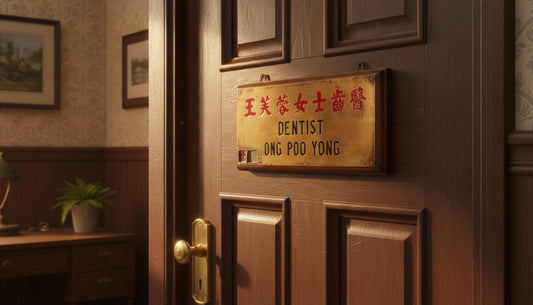 Vintage Brass Metal Chinese Dentist Sign Mounted on A Wood Base