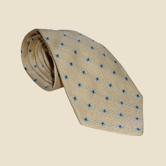 Vintage La Cravatta Silk Tie Yellow With Blue Square Motifs