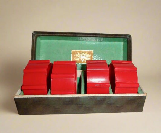 Vintage Set Of Four Boxed Velos Red Bakelite Napkin Rings