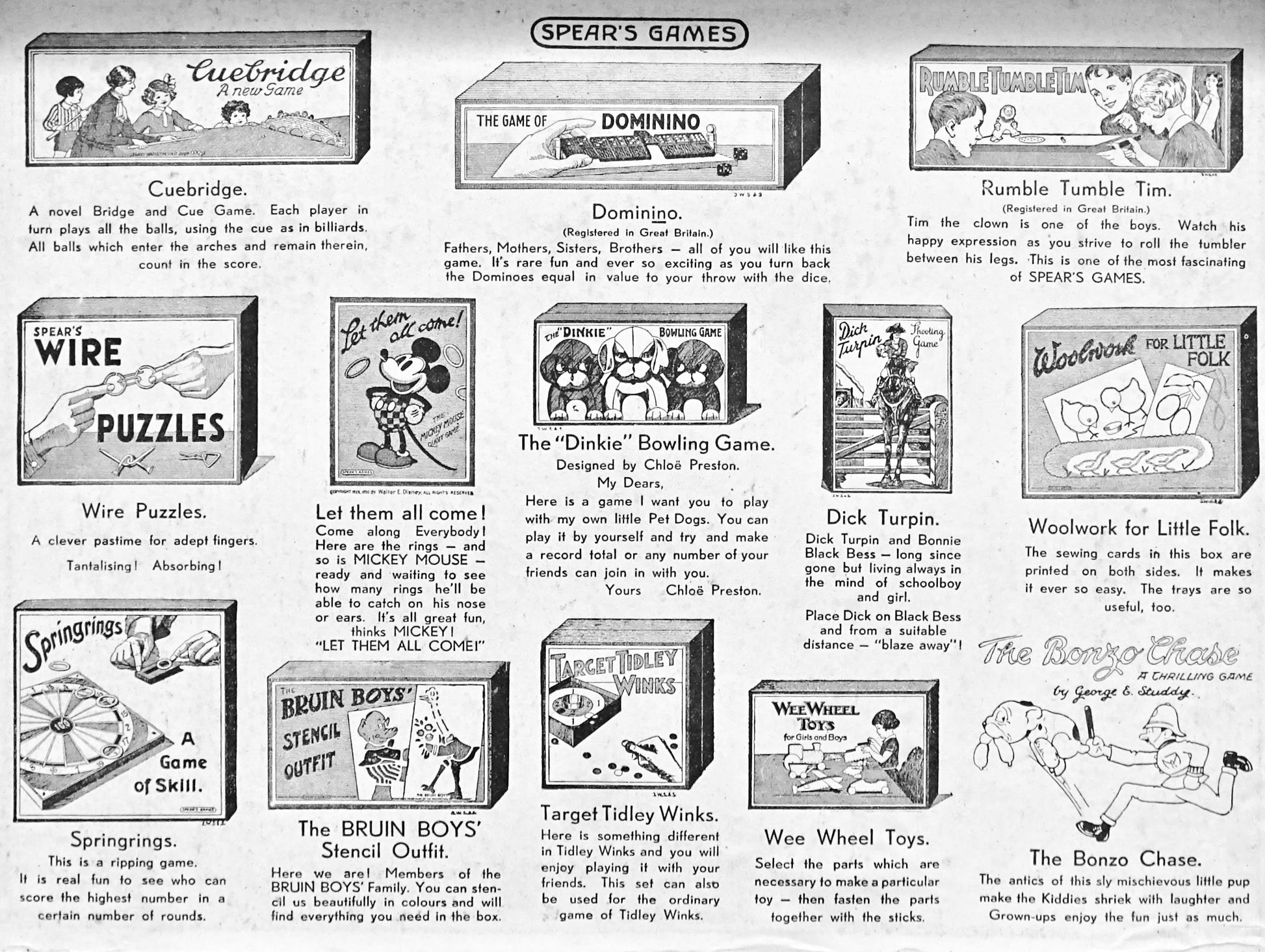 A vintage-style poster or booklet page featuring multiple illustrated game boxes and short descriptions for children's games, including Cuebridge, Cambridge, Domino, Rumble Tumble Tim, Wire Puzzles, The Dixie Bowling Game, Springings, The Bruin Boys' Special Outfit, Woolwork for Little Folk, Wee Wheel Toys, and The Boston Chase. The page has a cream background with black text and colorful illustrations.