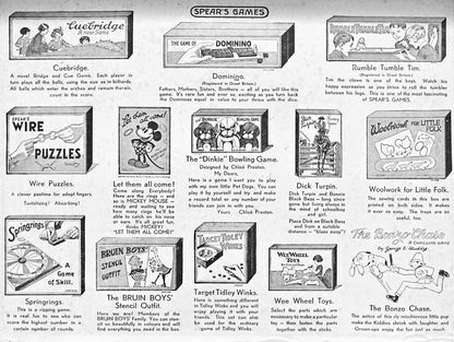 A vintage-style poster or booklet page featuring multiple illustrated game boxes and short descriptions for children's games, including Cuebridge, Cambridge, Domino, Rumble Tumble Tim, Wire Puzzles, The Dixie Bowling Game, Springings, The Bruin Boys' Special Outfit, Woolwork for Little Folk, Wee Wheel Toys, and The Boston Chase. The page has a cream background with black text and colorful illustrations.
