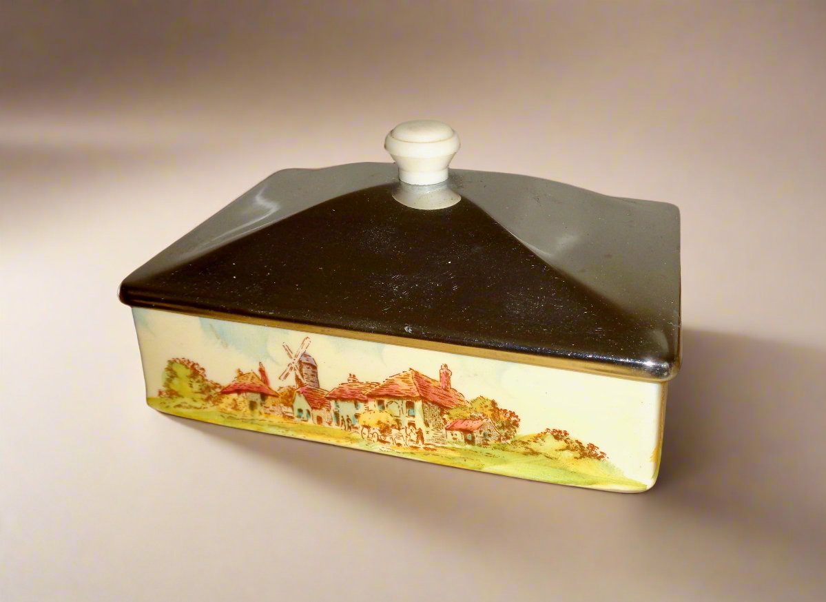 1940s Royal Winton Grimwades Pottery Butter Dish With A Chrome Lid