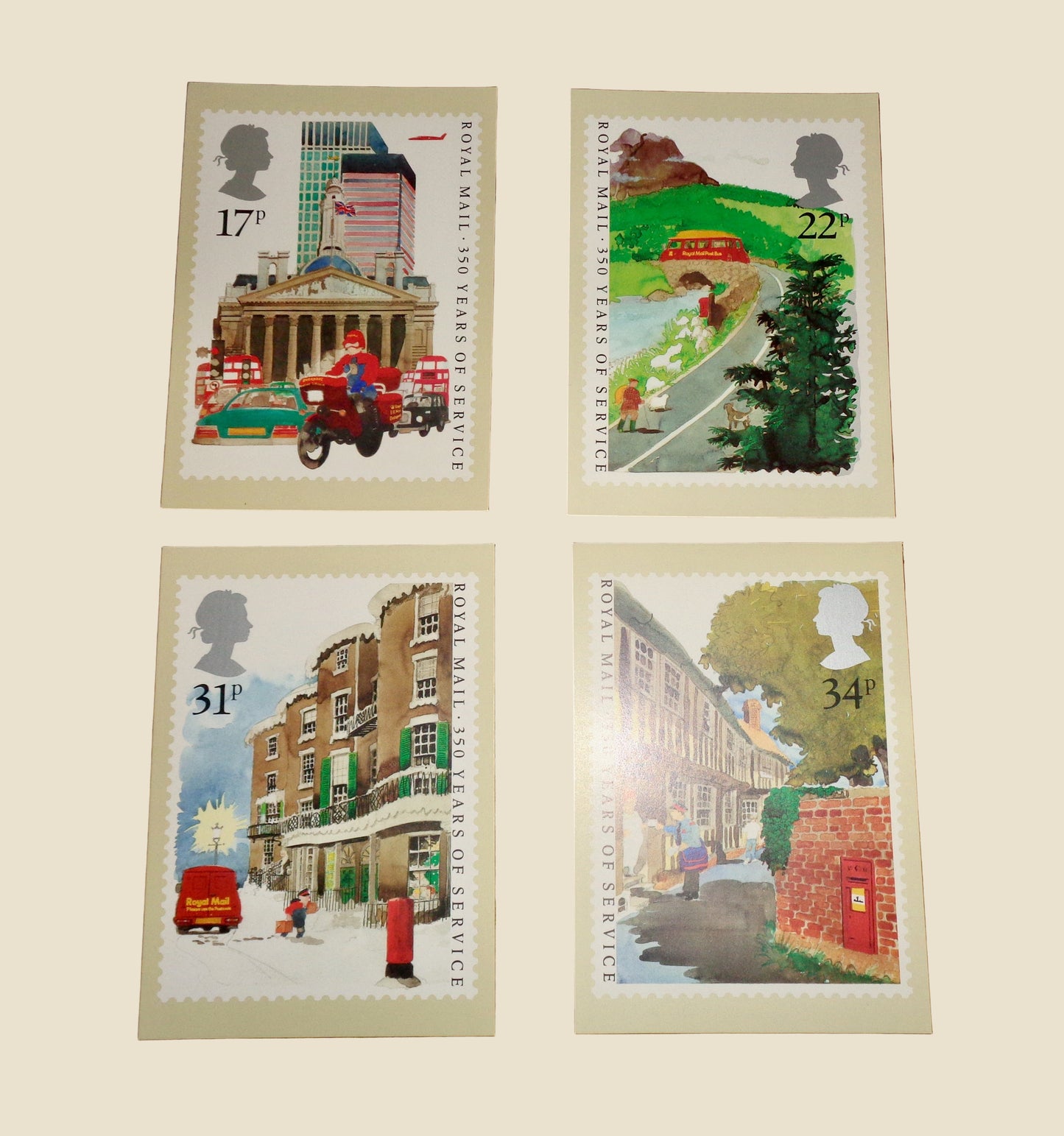 1985 Set of Four PHQ 85 Postcards Of Royal Mail 350 Years Of Service