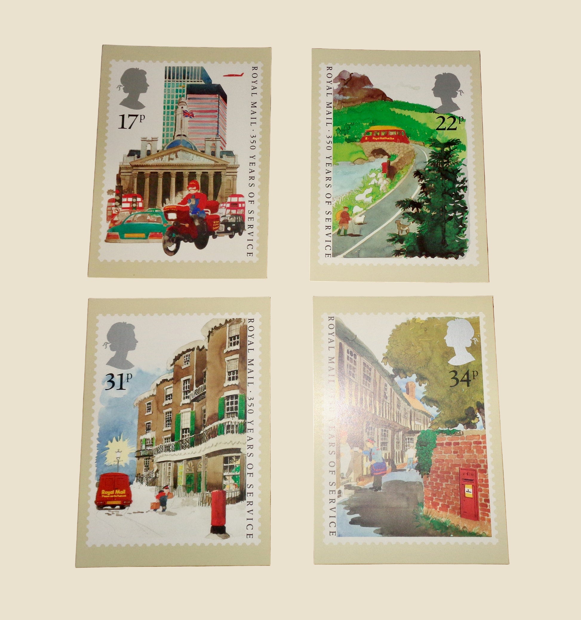 1985 Set of Four PHQ 85 Postcards Of Royal Mail 350 Years Of Service