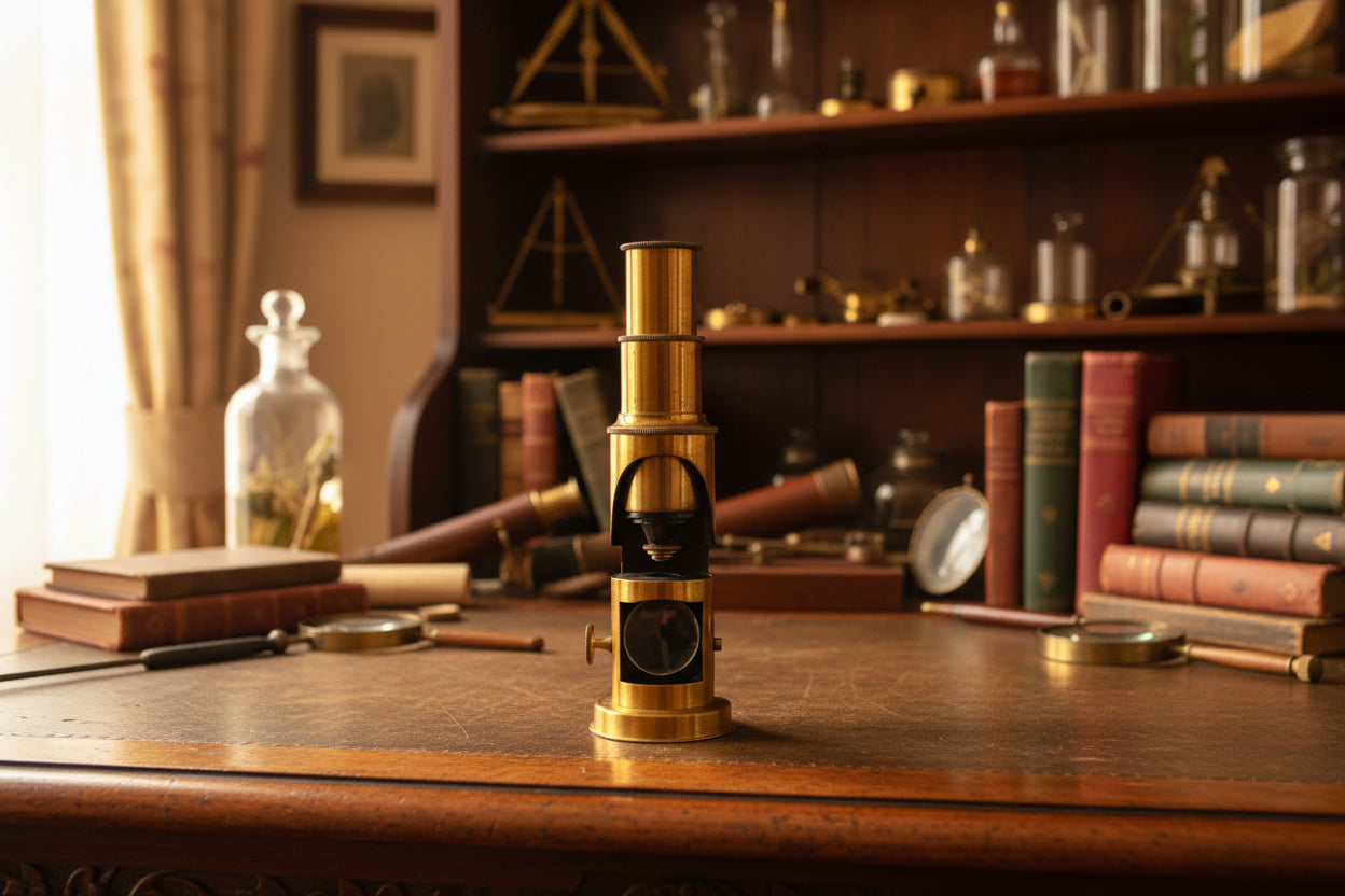 Antique Portable Brass Drum Microscope In a Wood Case