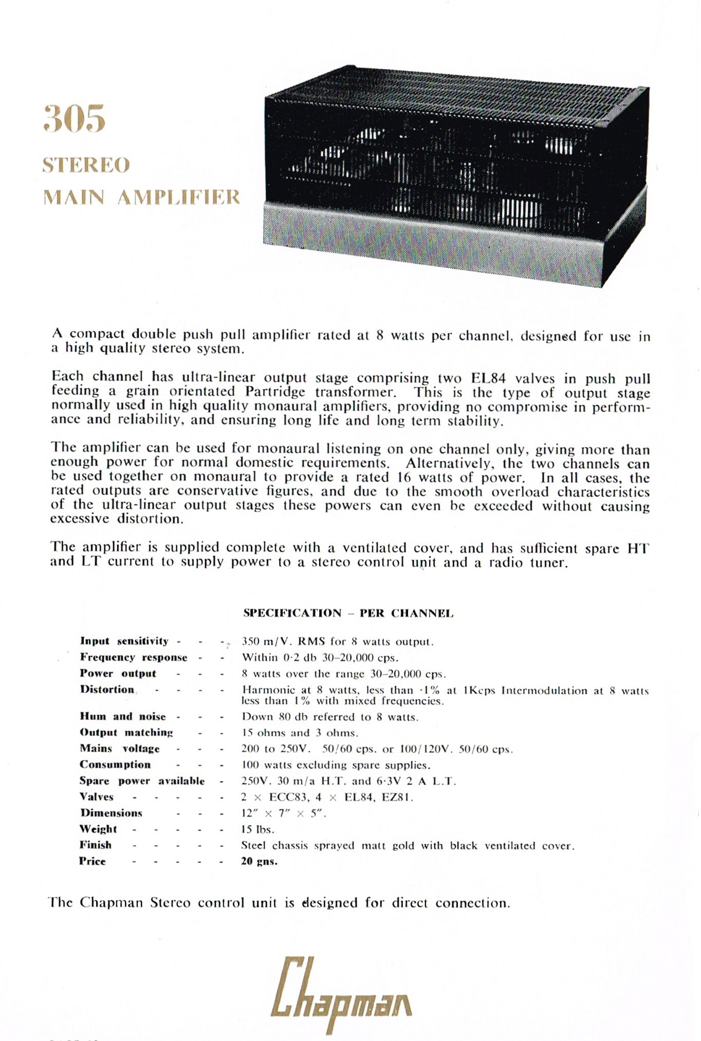 1962 Chapman Model 305 Audio Amplifier For Restoration
