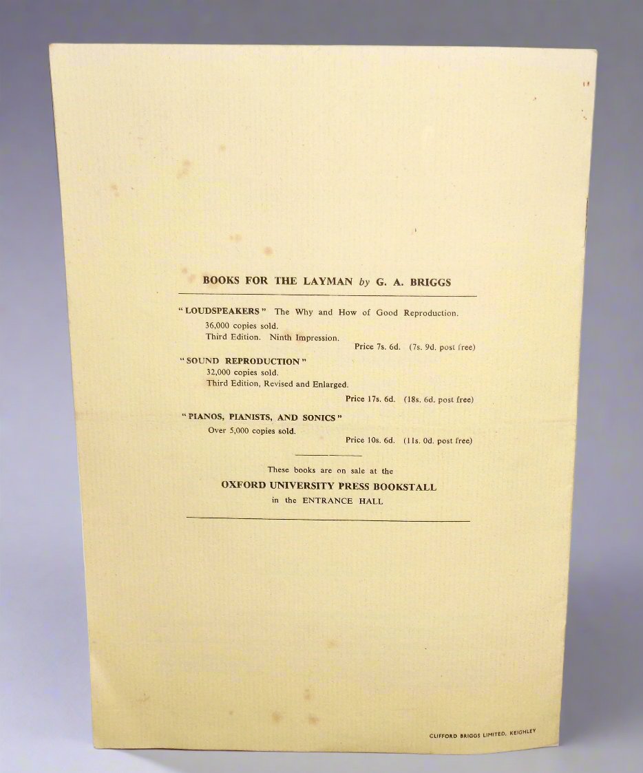 1954 Programme For A Lecture-Demonstration On Sound Reproduction By GA Briggs