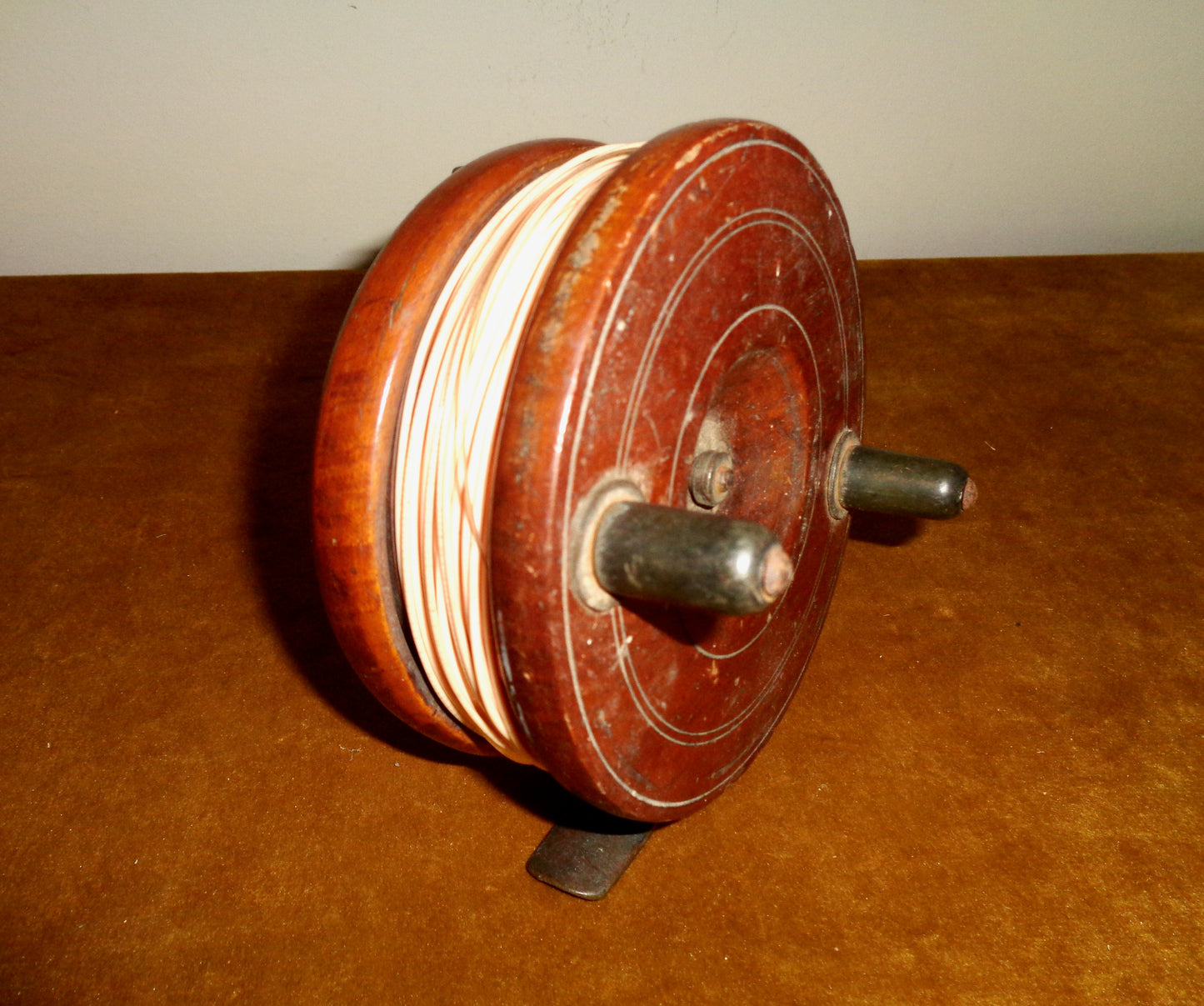 Vintage AW Gamage 4.5" Wood And Brass Centre Pin Fishing Reel With Line