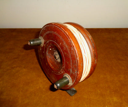 Vintage AW Gamage 4.5" Wood And Brass Centre Pin Fishing Reel With Line