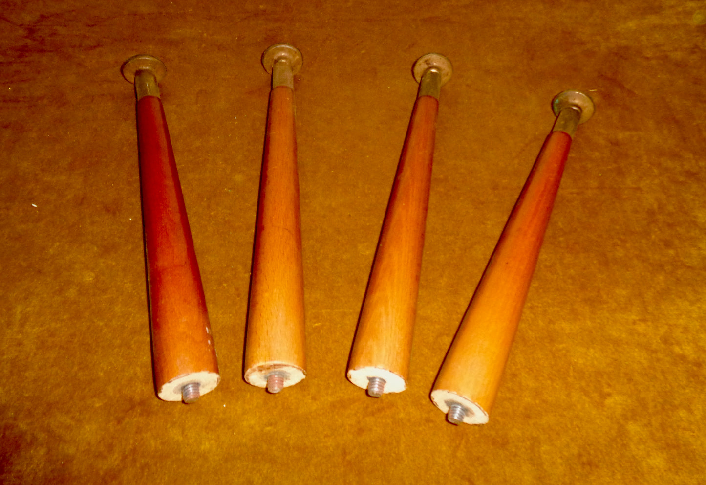 Set of Four Dansette Record Player Screw-In Wood Legs With Brass Effect And Rubber Feet