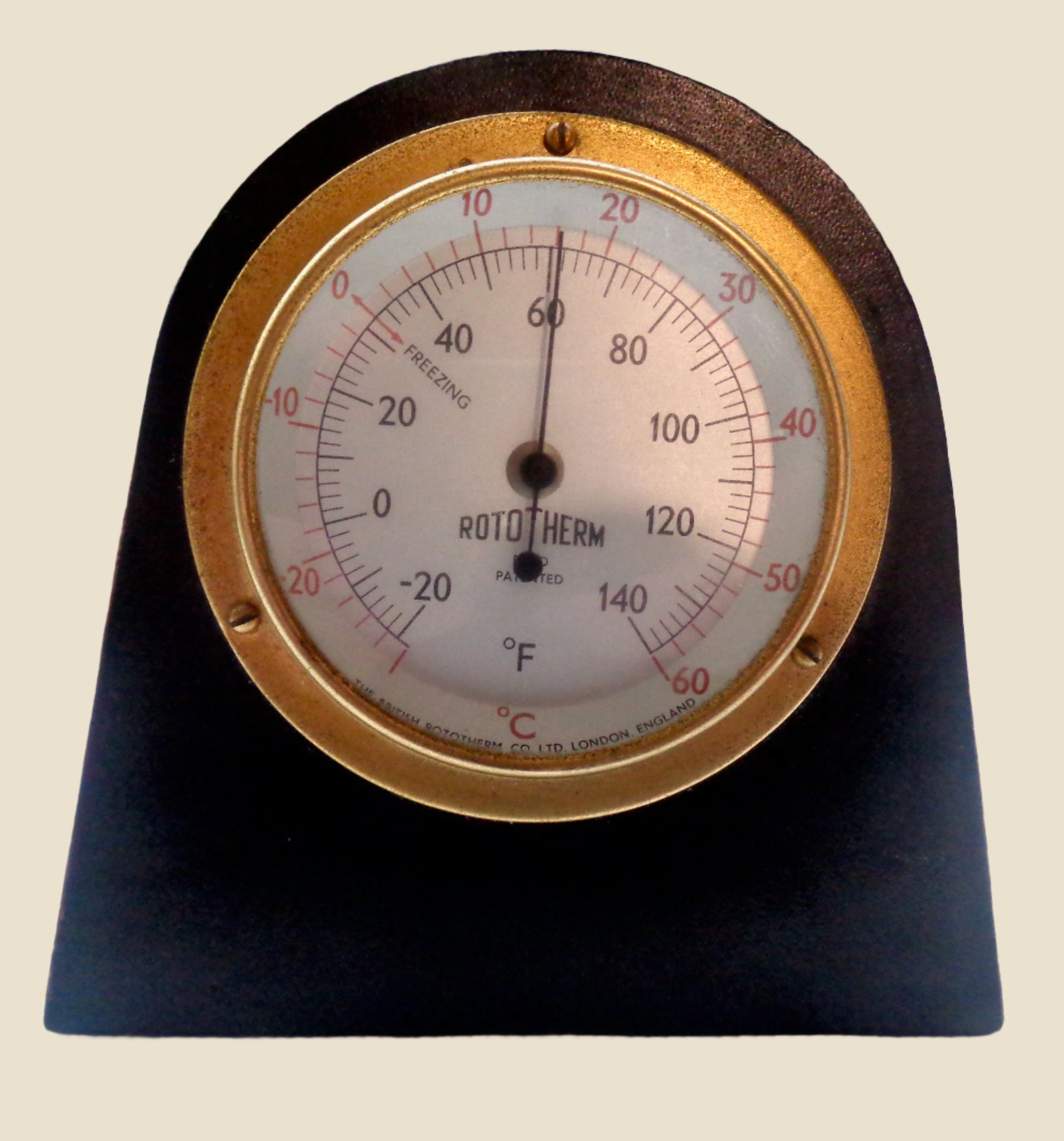 Vintage Brass Rototherm Desk Thermometer In A Wood Surround With Leather Front