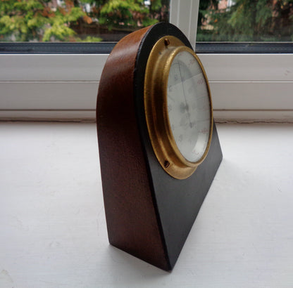 Vintage Brass Rototherm Desk Thermometer In A Wood Surround With Black Leather Front