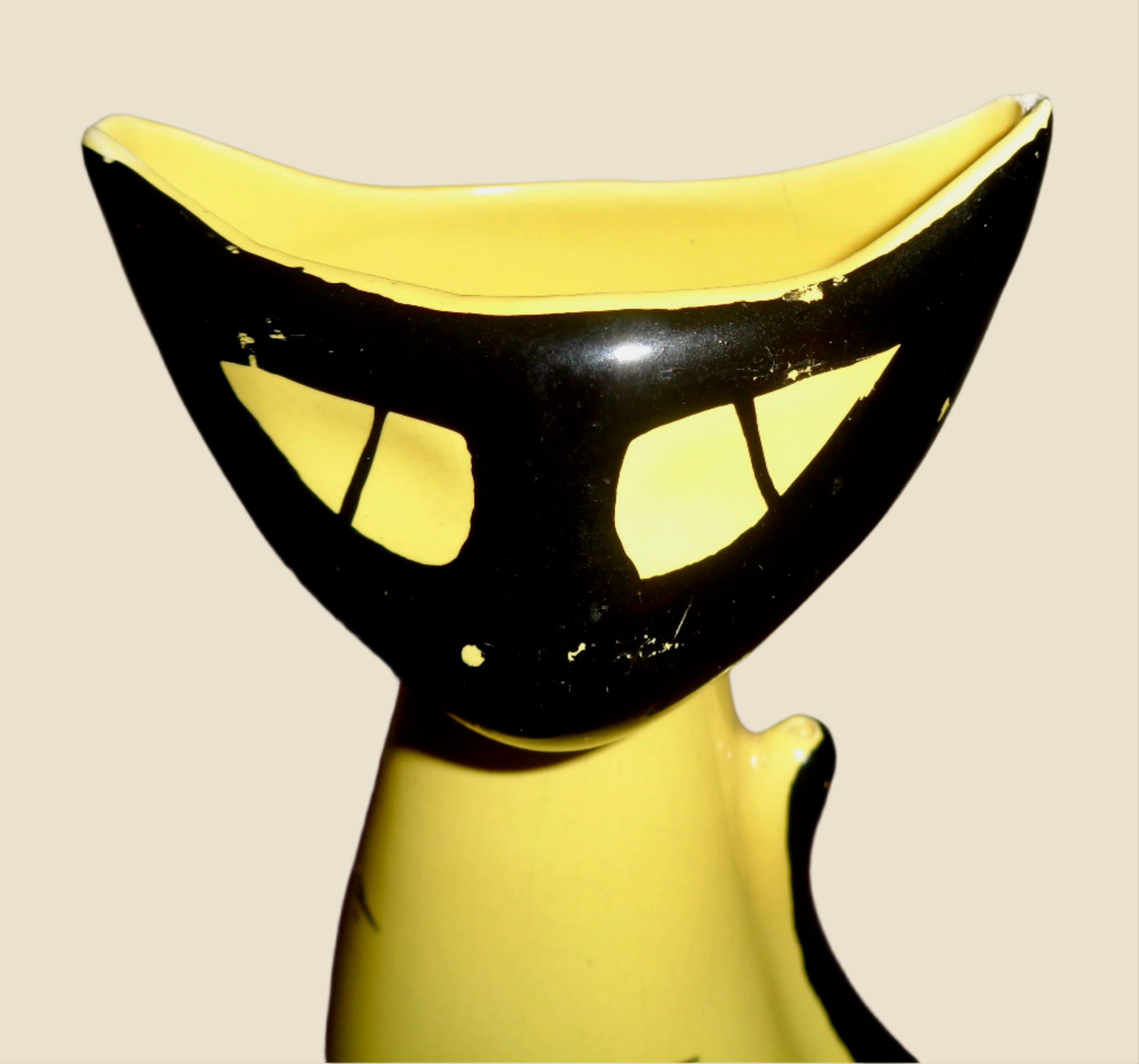 Vintage Yellow and Black Scoop Head Cat Vase By Schmider