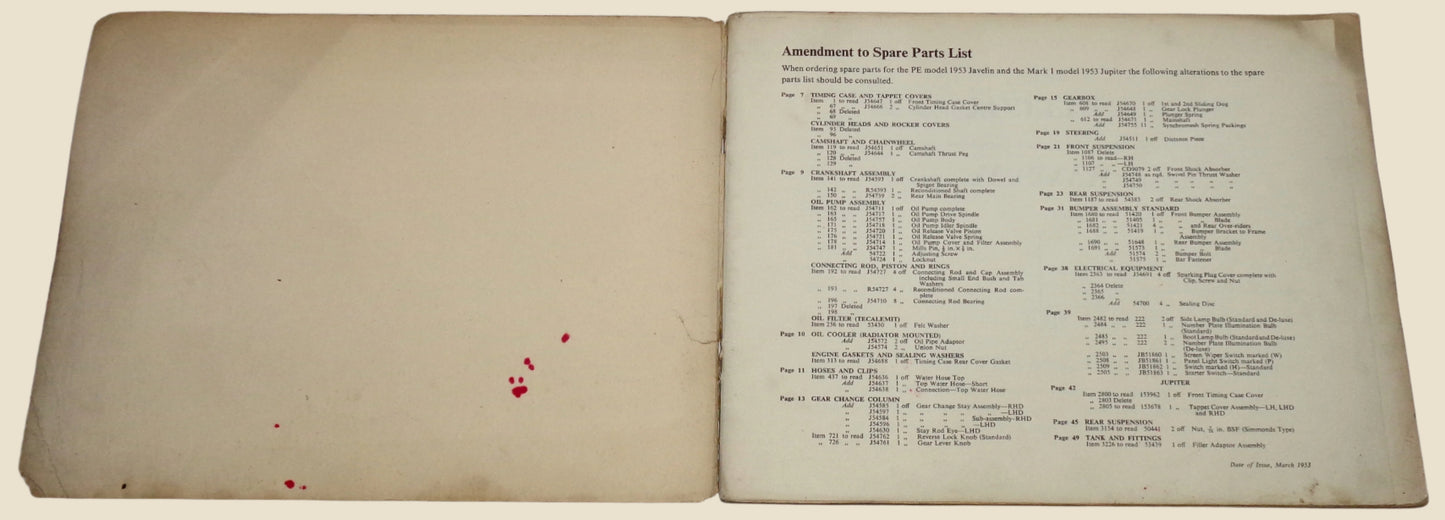 Original 1952 Jowett Javelin & Jupiter List Of Spare Parts / Catalogue