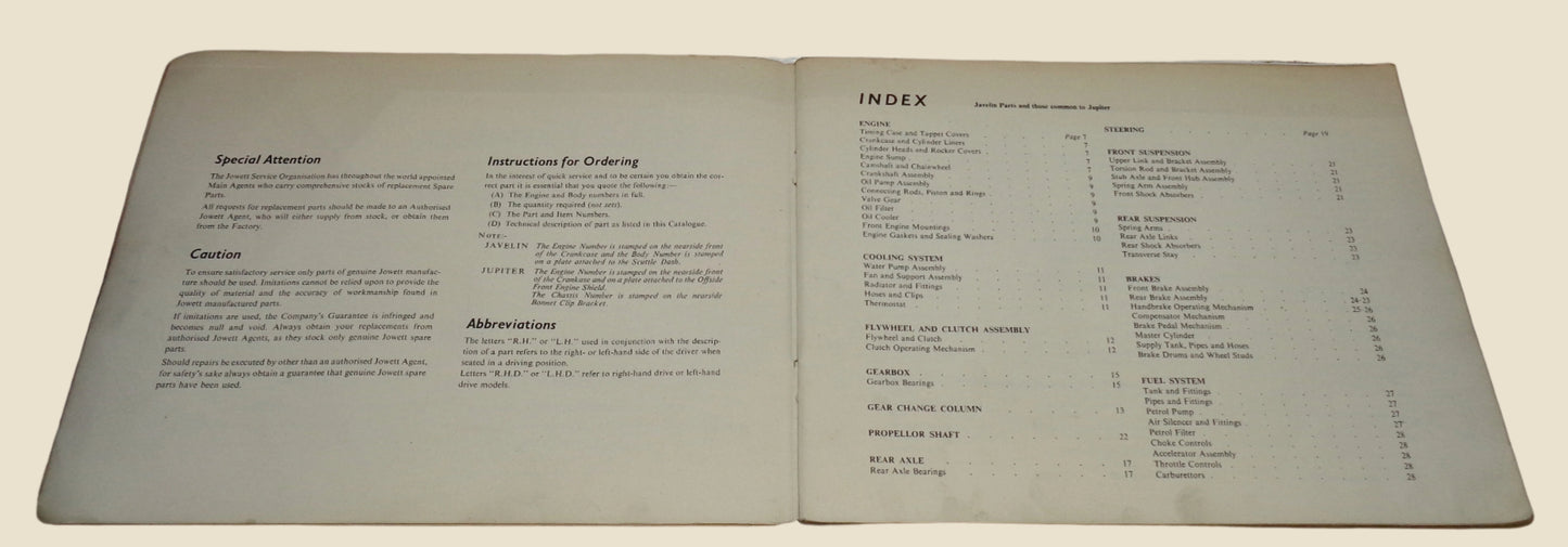 Original 1952 Jowett Javelin & Jupiter List Of Spare Parts / Catalogue