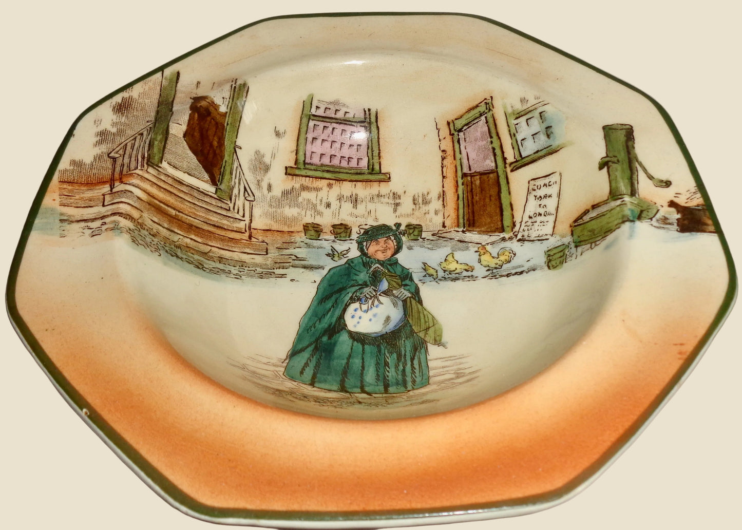 1930s Royal Doulton Dickens Ware Sairey Gamp Lipped Octagonal 6.5 Inch Soup Bowl. Pattern Number D2973