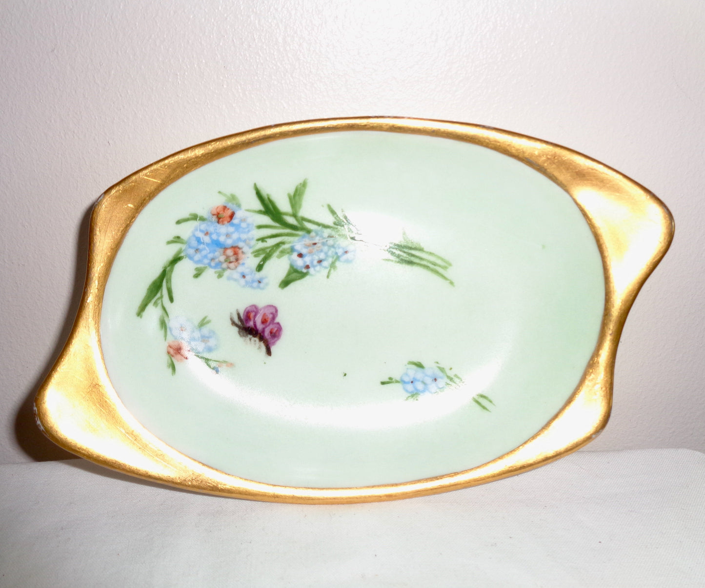 Pair of 1928 Hand Painted Gilded Floral Porcelain Pin Dishes By M McC
