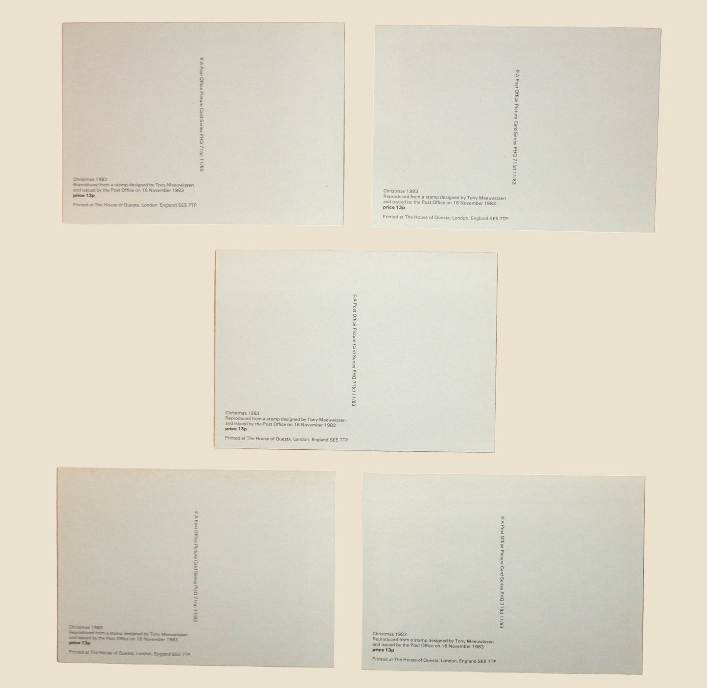Set of Five PHQ 71 Postcards Of Christmas 1983 Stamps Designed by Tony Meeuwissen