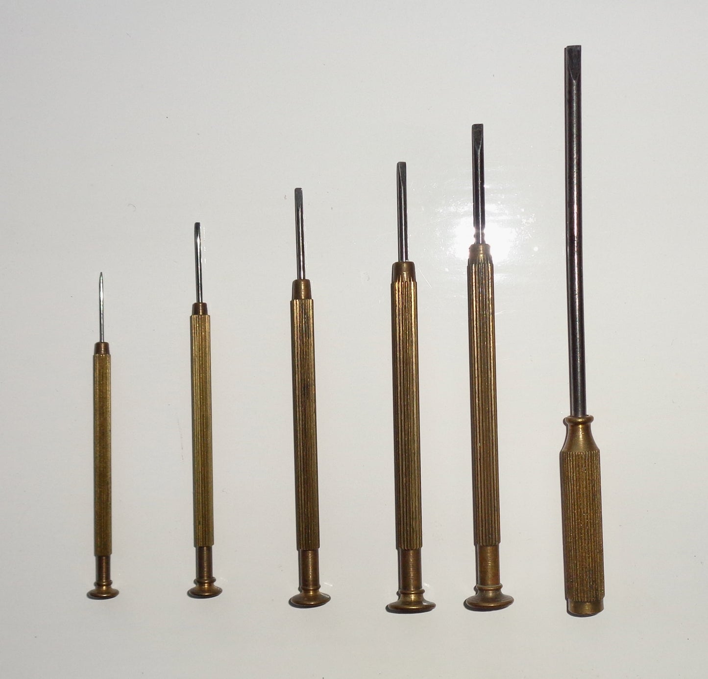 Set of Six Vintage Brass And Steel Precision Slotted Jewellers Screwdrivers