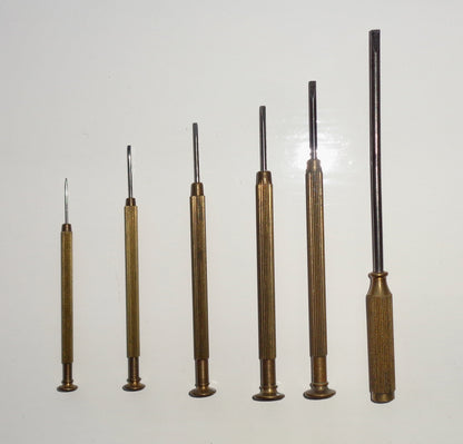 Set of Six Vintage Brass And Steel Precision Slotted Jewellers Screwdrivers