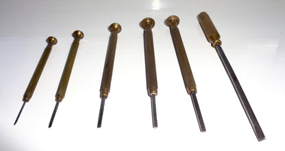 Set of Six Vintage Brass And Steel Precision Slotted Jewellers Screwdrivers